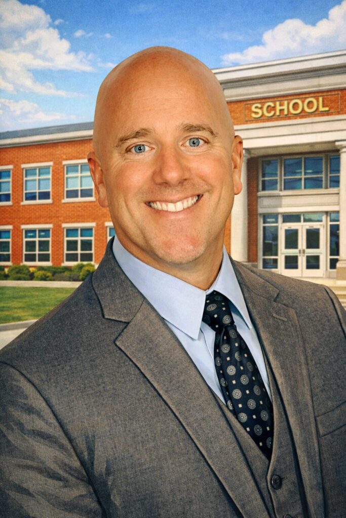 Professional headshot in front of school